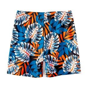 Men’s Tropical Palm Frond Swim Shorts, Blue & Orange, Sz Medium